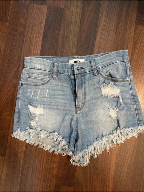 Just Black Pants - Just Black Light Blue Distressed Frayed Hem Denim Shorts